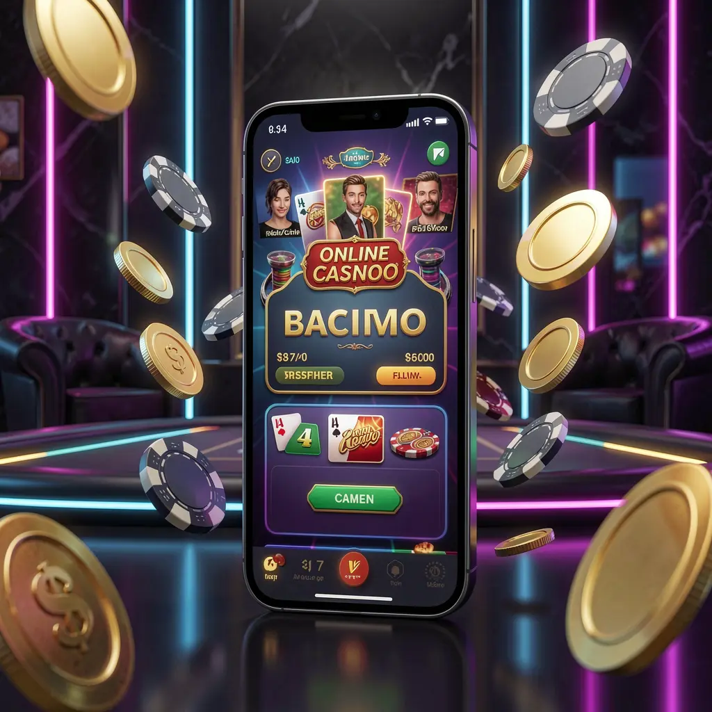 588BAT online casino mobile app hero banner featuring a modern smartphone with a glowing casino interface, golden coins and poker chips flying around against a dark luxury background with neon accents