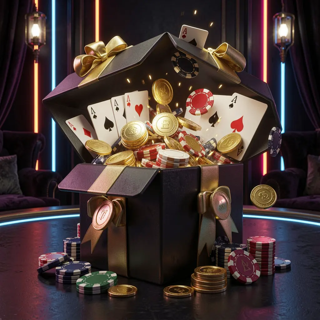 588BAT online casino bonus gift box exploding with golden coins, poker chips, and playing cards against a dark luxury background with glowing neon accents