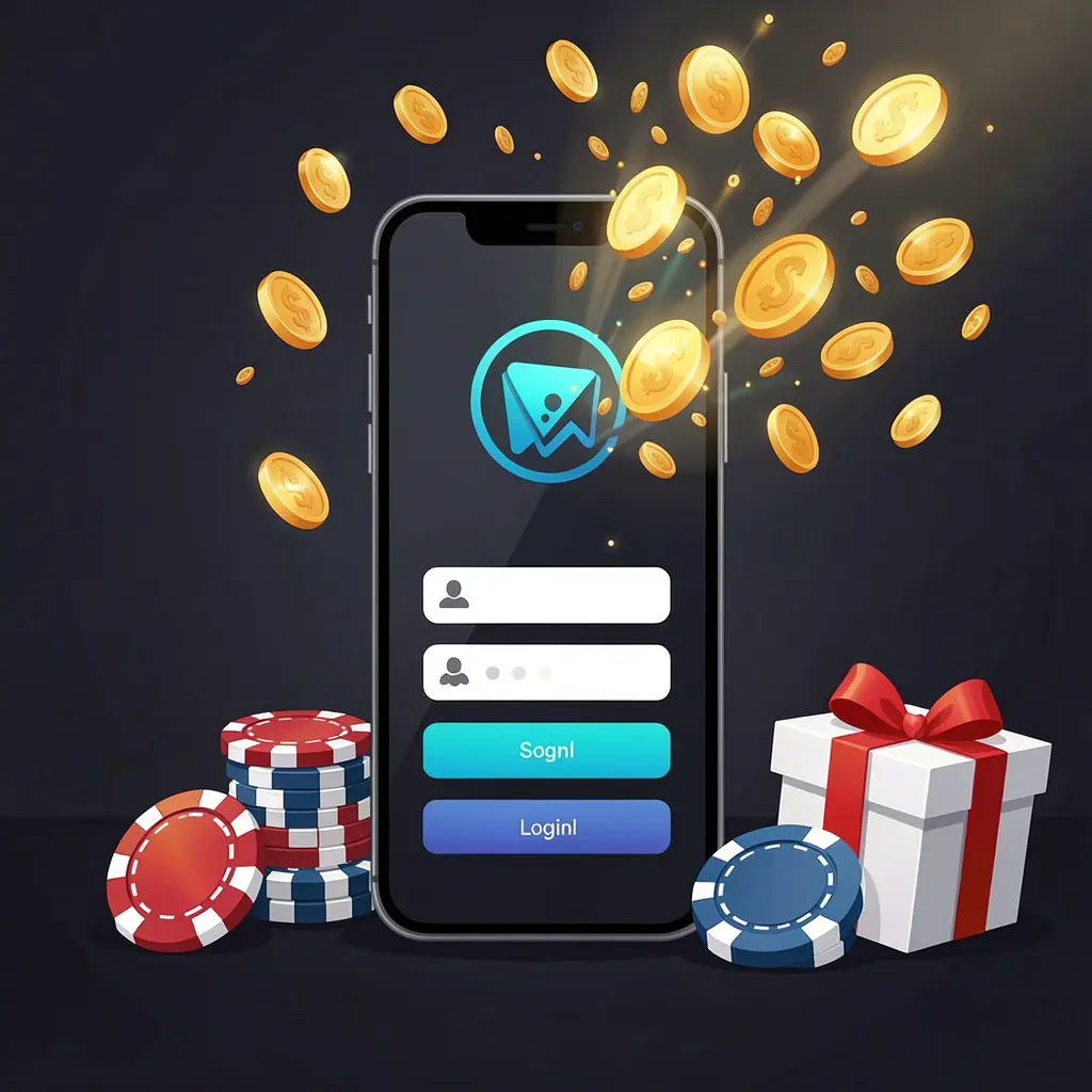 588BAT casino user login illustration showing a phone with a secure access icon, golden coins bursting from the screen, poker chips and a gift box nearby on a dark premium background