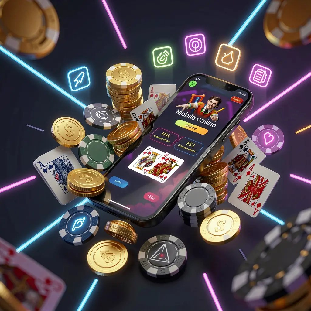 588BAT mobile casino homepage concept featuring a smartphone surrounded by golden coins, chips, cards, and glowing icons on a modern dark background with neon accents